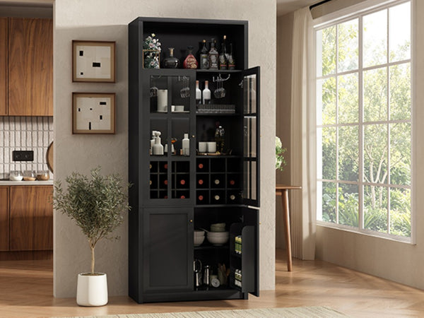 English Elm 78.7 Inch Tall Black Bar Cabinet with Stemware Rack and 18 Bottle Wine Grid Storage N752S000074B