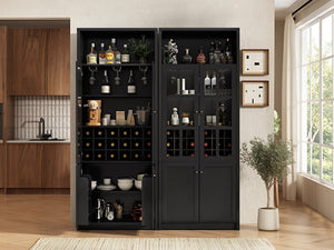 English Elm 78.7 Inch Tall Black Bar Cabinet with Stemware Rack and 18 Bottle Wine Grid Storage N752S000074B