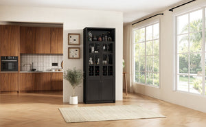 English Elm 78.7 Inch Tall Black Bar Cabinet with Stemware Rack and 18 Bottle Wine Grid Storage N752S000074B