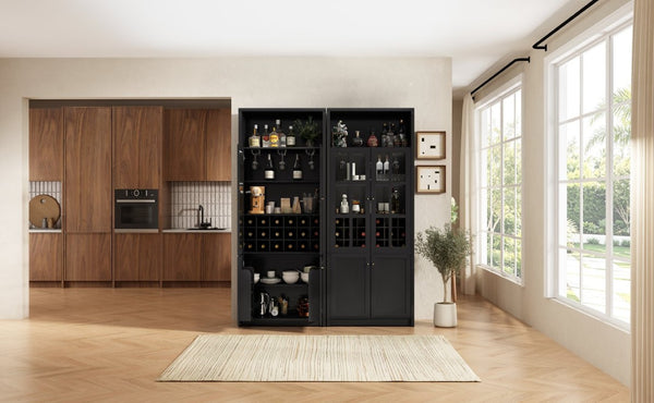 English Elm 78.7 Inch Tall Black Bar Cabinet with Stemware Rack and 18 Bottle Wine Grid Storage N752S000074B