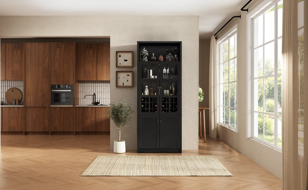 English Elm 78.7 Inch Tall Black Bar Cabinet with Stemware Rack and 18 Bottle Wine Grid Storage N752S000074B