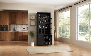 English Elm 78.7 Inch Tall Black Bar Cabinet with Stemware Rack and 18 Bottle Wine Grid Storage N752S000074B