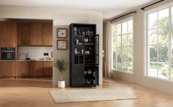English Elm 78.7 Inch Tall Black Bar Cabinet with Stemware Rack and 18 Bottle Wine Grid Storage N752S000074B
