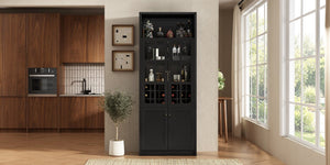 English Elm 78.7 Inch Tall Black Bar Cabinet with Stemware Rack and 18 Bottle Wine Grid Storage N752S000074B