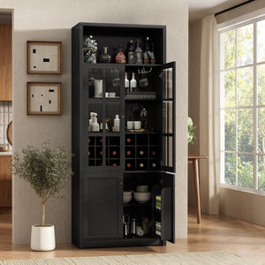 English Elm 78.7 Inch Tall Black Bar Cabinet with Stemware Rack and 18 Bottle Wine Grid Storage N752S000074B