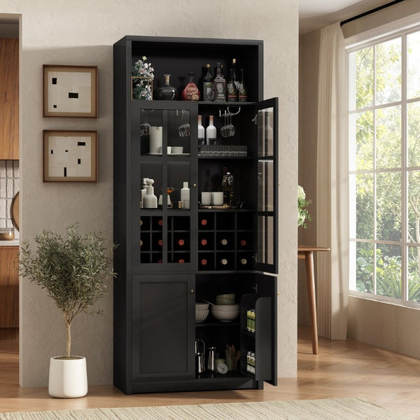 English Elm 78.7 Inch Tall Black Bar Cabinet with Stemware Rack and 18 Bottle Wine Grid Storage N752S000074B