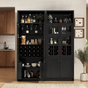 English Elm 78.7 Inch Tall Black Bar Cabinet with Stemware Rack and 18 Bottle Wine Grid Storage N752S000074B