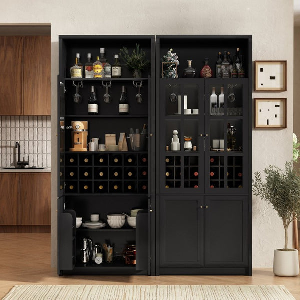 English Elm 78.7 Inch Tall Black Bar Cabinet with Stemware Rack and 18 Bottle Wine Grid Storage N752S000074B