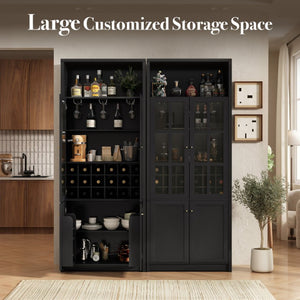 English Elm 78.7 Inch Tall Black Bar Cabinet with Stemware Rack and 18 Bottle Wine Grid Storage N752S000074B
