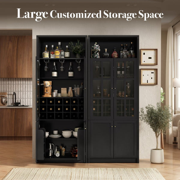 English Elm 78.7 Inch Tall Black Bar Cabinet with Stemware Rack and 18 Bottle Wine Grid Storage N752S000074B