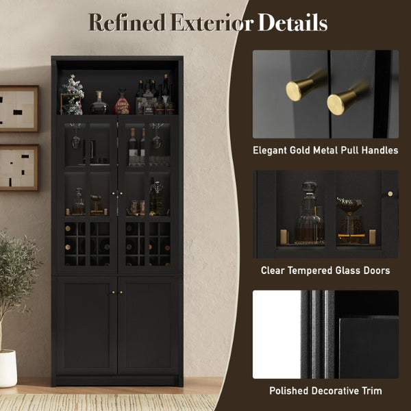 English Elm 78.7 Inch Tall Black Bar Cabinet with Stemware Rack and 18 Bottle Wine Grid Storage N752S000074B