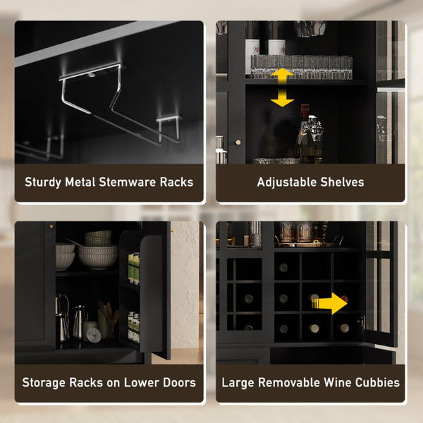 English Elm 78.7 Inch Tall Black Bar Cabinet with Stemware Rack and 18 Bottle Wine Grid Storage N752S000074B