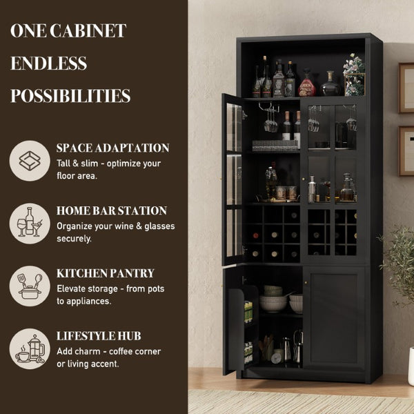 English Elm 78.7 Inch Tall Black Bar Cabinet with Stemware Rack and 18 Bottle Wine Grid Storage N752S000074B