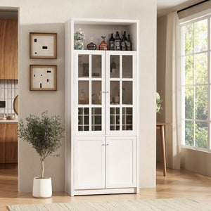 English Elm 70.87 Inch Tall Glass Door Wine Bar Cabinet with Rack and Gold Handles Modern Home White+Gold 31.5 L x 15.75 W x 78.74 H N752S000074W