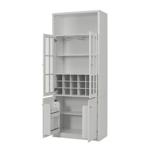 English Elm 70.87 Inch Tall Glass Door Wine Bar Cabinet with Rack and Gold Handles Modern Home White+Gold 31.5 L x 15.75 W x 78.74 H N752S000074W