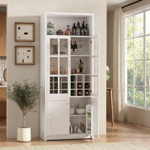 English Elm 70.87 Inch Tall Glass Door Wine Bar Cabinet with Rack and Gold Handles Modern Home White+Gold 31.5 L x 15.75 W x 78.74 H N752S000074W