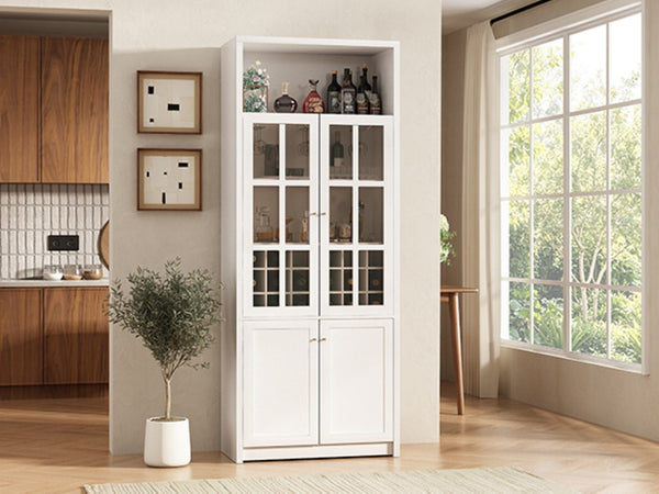 English Elm 70.87 Inch Tall Glass Door Wine Bar Cabinet with Rack and Gold Handles Modern Home White+Gold 31.5 L x 15.75 W x 78.74 H N752S000074W