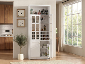 English Elm 70.87 Inch Tall Glass Door Wine Bar Cabinet with Rack and Gold Handles Modern Home White+Gold 31.5 L x 15.75 W x 78.74 H N752S000074W