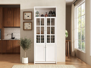 English Elm 70.87 Inch Tall Glass Door Wine Bar Cabinet with Rack and Gold Handles Modern Home White+Gold 31.5 L x 15.75 W x 78.74 H N752S000074W
