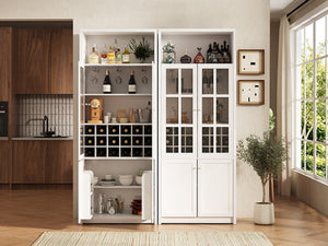 English Elm 70.87 Inch Tall Glass Door Wine Bar Cabinet with Rack and Gold Handles Modern Home White+Gold 31.5 L x 15.75 W x 78.74 H N752S000074W