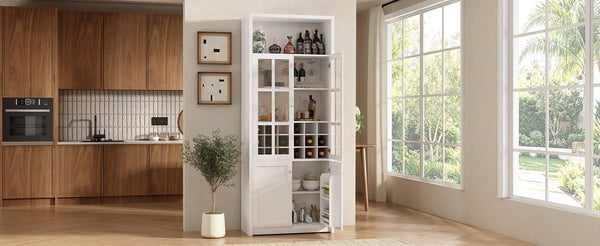 English Elm 70.87 Inch Tall Glass Door Wine Bar Cabinet with Rack and Gold Handles Modern Home White+Gold 31.5 L x 15.75 W x 78.74 H N752S000074W