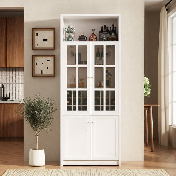 English Elm 70.87 Inch Tall Glass Door Wine Bar Cabinet with Rack and Gold Handles Modern Home White+Gold 31.5 L x 15.75 W x 78.74 H N752S000074W
