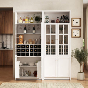 English Elm 70.87 Inch Tall Glass Door Wine Bar Cabinet with Rack and Gold Handles Modern Home White+Gold 31.5 L x 15.75 W x 78.74 H N752S000074W