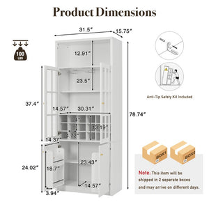 English Elm 70.87 Inch Tall Glass Door Wine Bar Cabinet with Rack and Gold Handles Modern Home White+Gold 31.5 L x 15.75 W x 78.74 H N752S000074W
