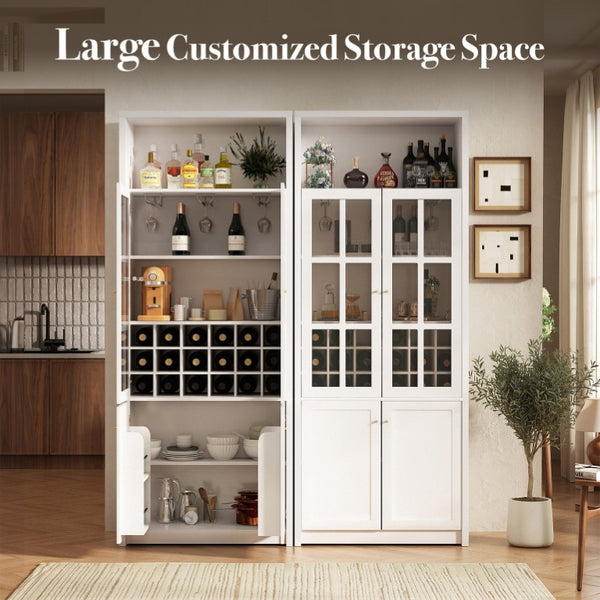 English Elm 70.87 Inch Tall Glass Door Wine Bar Cabinet with Rack and Gold Handles Modern Home White+Gold 31.5 L x 15.75 W x 78.74 H N752S000074W