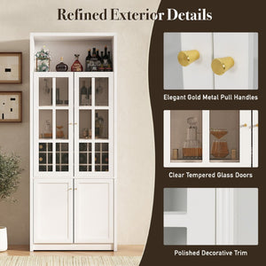 English Elm 70.87 Inch Tall Glass Door Wine Bar Cabinet with Rack and Gold Handles Modern Home White+Gold 31.5 L x 15.75 W x 78.74 H N752S000074W