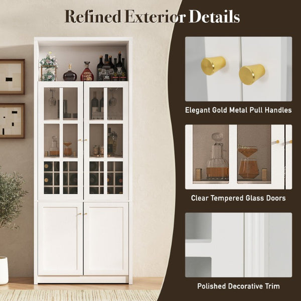 English Elm 70.87 Inch Tall Glass Door Wine Bar Cabinet with Rack and Gold Handles Modern Home White+Gold 31.5 L x 15.75 W x 78.74 H N752S000074W