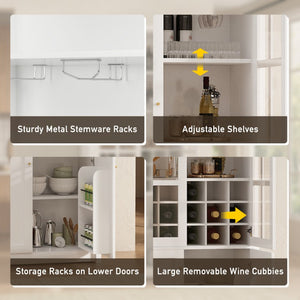 English Elm 70.87 Inch Tall Glass Door Wine Bar Cabinet with Rack and Gold Handles Modern Home White+Gold 31.5 L x 15.75 W x 78.74 H N752S000074W