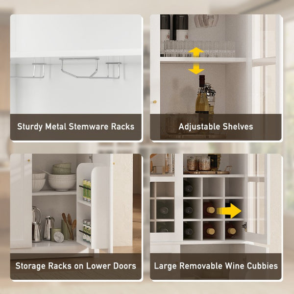 English Elm 70.87 Inch Tall Glass Door Wine Bar Cabinet with Rack and Gold Handles Modern Home White+Gold 31.5 L x 15.75 W x 78.74 H N752S000074W