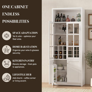 English Elm 70.87 Inch Tall Glass Door Wine Bar Cabinet with Rack and Gold Handles Modern Home White+Gold 31.5 L x 15.75 W x 78.74 H N752S000074W