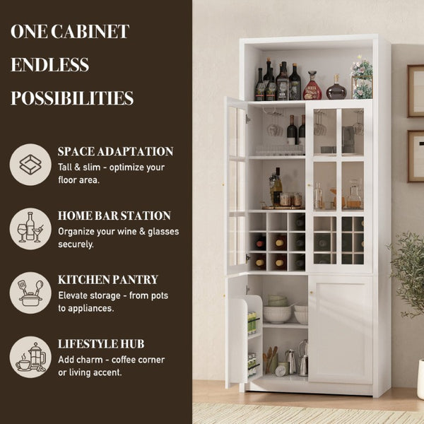 English Elm 70.87 Inch Tall Glass Door Wine Bar Cabinet with Rack and Gold Handles Modern Home White+Gold 31.5 L x 15.75 W x 78.74 H N752S000074W
