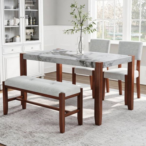 English Elm 4-piece Dining Set Faux Marble Table Two Padded Chairs Bench Rubberwood Legs Modern Beige N752S000084A