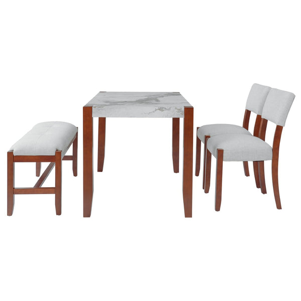 English Elm 4-piece Dining Set Faux Marble Table Two Padded Chairs Bench Rubberwood Legs Modern Beige N752S000084A