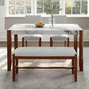 English Elm 4-piece Dining Set Faux Marble Table Two Padded Chairs Bench Rubberwood Legs Modern Beige N752S000084A