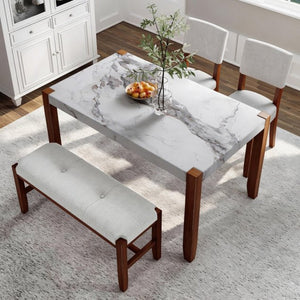 English Elm 4-piece Dining Set Faux Marble Table Two Padded Chairs Bench Rubberwood Legs Modern Beige N752S000084A