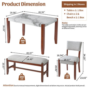 English Elm 4-piece Dining Set Faux Marble Table Two Padded Chairs Bench Rubberwood Legs Modern Beige N752S000084A