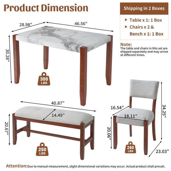 English Elm 4-piece Dining Set Faux Marble Table Two Padded Chairs Bench Rubberwood Legs Modern Beige N752S000084A