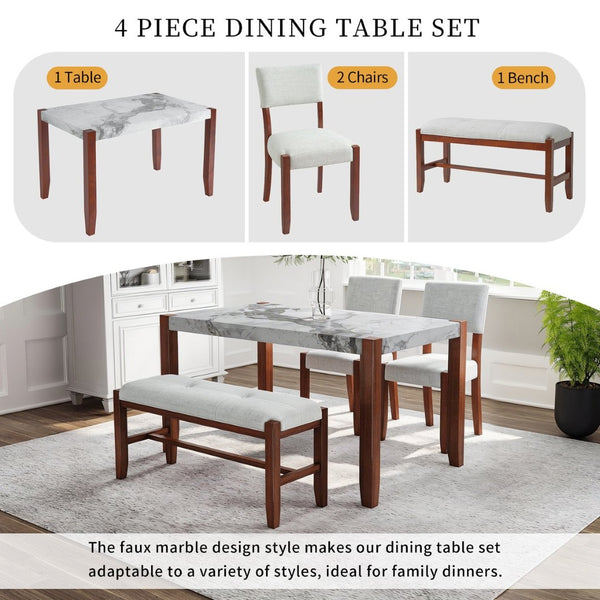 English Elm 4-piece Dining Set Faux Marble Table Two Padded Chairs Bench Rubberwood Legs Modern Beige N752S000084A