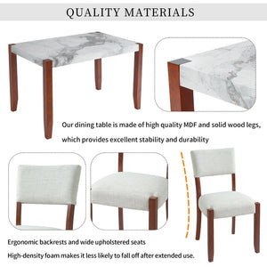 English Elm 4-piece Dining Set Faux Marble Table Two Padded Chairs Bench Rubberwood Legs Modern Beige N752S000084A