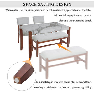 English Elm 4-piece Dining Set Faux Marble Table Two Padded Chairs Bench Rubberwood Legs Modern Beige N752S000084A