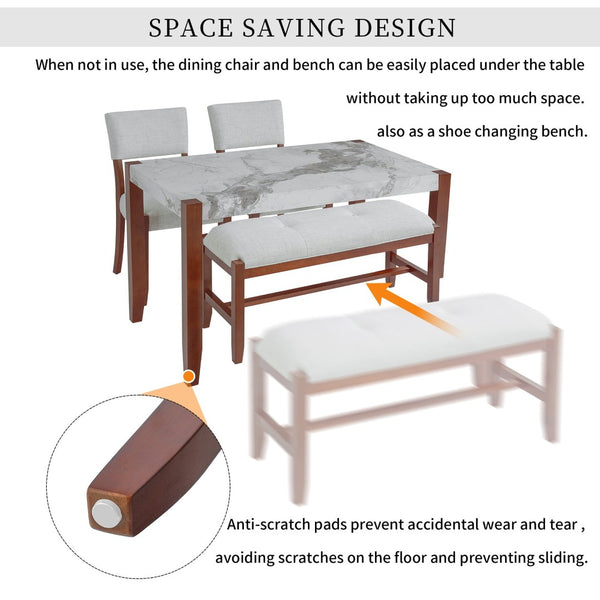 English Elm 4-piece Dining Set Faux Marble Table Two Padded Chairs Bench Rubberwood Legs Modern Beige N752S000084A