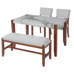 English Elm 4-piece Dining Set Faux Marble Table Two Padded Chairs Bench Rubberwood Legs Modern Beige N752S000084A