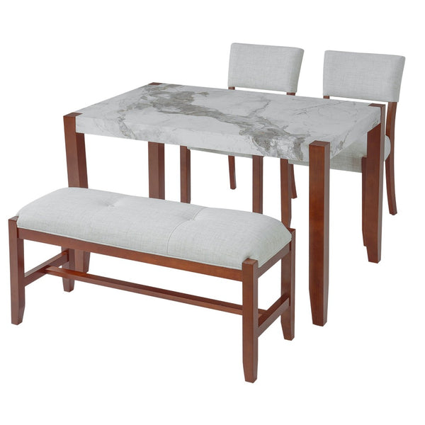 English Elm 4-piece Dining Set Faux Marble Table Two Padded Chairs Bench Rubberwood Legs Modern Beige N752S000084A