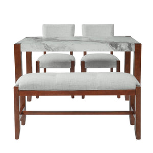 English Elm 4-piece Dining Set Faux Marble Table Two Padded Chairs Bench Rubberwood Legs Modern Beige N752S000084A