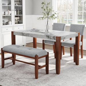 English Elm 4-piece Dining Set Faux Marble Table Two Padded Chairs Bench Rubberwood Legs Modern Gray N752S000084E