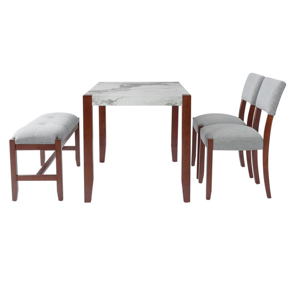 English Elm 4-piece Dining Set Faux Marble Table Two Padded Chairs Bench Rubberwood Legs Modern Gray N752S000084E
